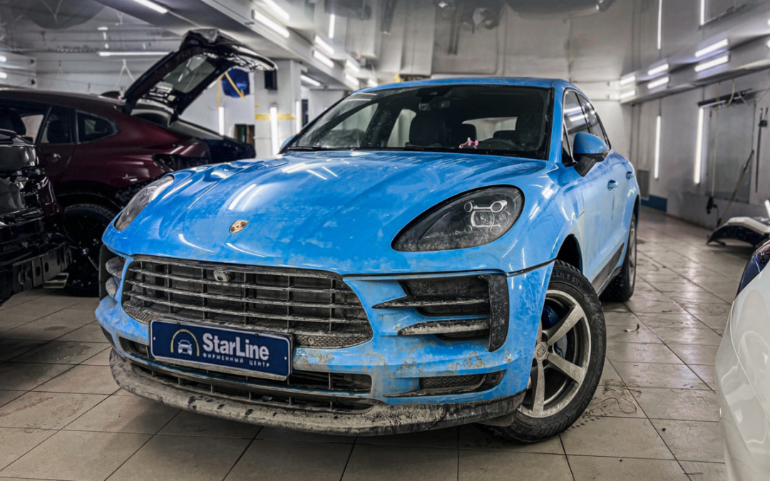 На красивейший голубой Porsche Macan мы установили охранную систему StarLine S96